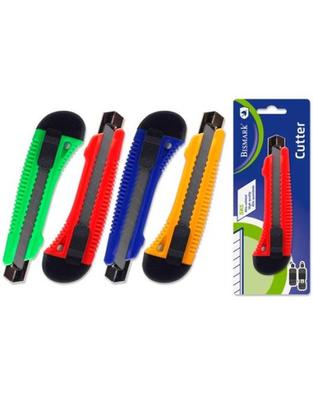 BISMARK CUTTER ANCHO  CUCHILLA FRACTURABLE DE 18 MM  SISTEMA BLOQUEO CUCHILLA INTERCAMBIABLE GUIA METÁLICA BLISTER COLORES SURT