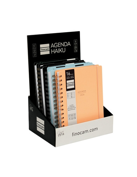 AGENDA ANUAL 2025-26 FINOCAM CATALAN 16 MESES HAIKU WIRE-O tapa EXTRADURA SV APAIS E10 155x212 con GOMA ASSORTIMENT EXPOSITOR DE