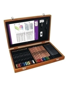 LAPICES DERWENT ACADEMY CAJA DE MADERA de 35 PIEZAS 6 LAPICES SKETCHING 3B AL 2B 12 LAPICES DE COLOREAR 12 LAPICES ACUARELABLES 