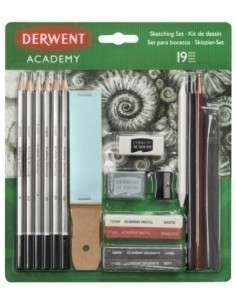 LAPICES DERWENT ACADEMY KIT DE BOCETOS 19 PIEZAS 6 LAPICES DE GRAFITO 2 BARRAS DE GRAFITO 2 LAPICES DE DIBUJO  1 GOMA  1 GOMA AM