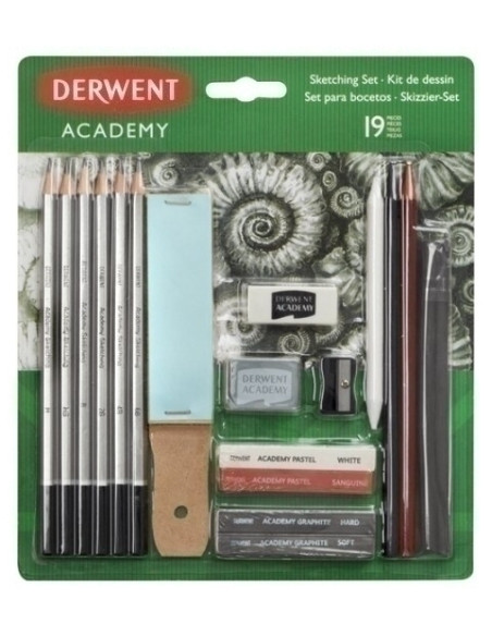 LAPICES DERWENT ACADEMY KIT DE BOCETOS 19 PIEZAS 6 LAPICES DE GRAFITO 2 BARRAS DE GRAFITO 2 LAPICES DE DIBUJO  1 GOMA  1 GOMA AM