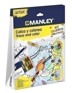 MANLEY ARTIST CALCA Y COLOREA 10 CERAS MANLEY  4 LAMINAS  2 PLANTILLAS  1 LAMINA ILUSTRADA  1 GUIA DOODLES  2 PAPEL VEGETAL  1 L
