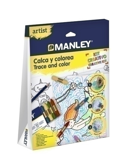 MANLEY ARTIST CALCA Y COLOREA 10 CERAS MANLEY  4 LAMINAS  2 PLANTILLAS  1 LAMINA ILUSTRADA  1 GUIA DOODLES  2 PAPEL VEGETAL  1 L