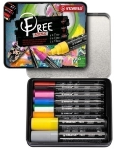 MARCADOR ACRYLIC STABILO FREE ARTY LINE KIT DE INICIACION ESTUCHE DE METAL DE 11 T100 - BLANCO AZUL ROSA Y NEGRO T300 - NARANJA