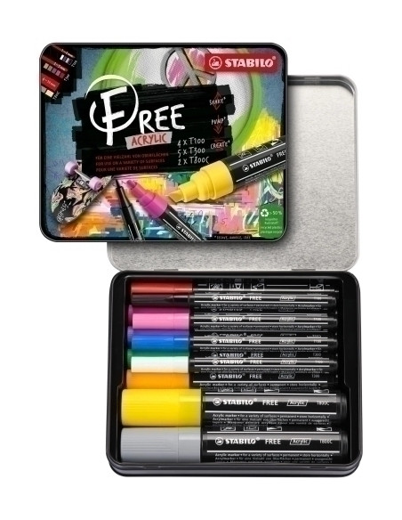 MARCADOR ACRYLIC STABILO FREE ARTY LINE KIT DE INICIACION ESTUCHE DE METAL DE 11 T100 - BLANCO AZUL ROSA Y NEGRO T300 - NARANJA 