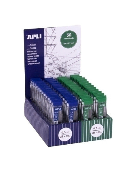 MINAS APLI DE RECAMBIO TUBOS DE 50 UNIDADES EXPOSITOR de 48 24x TUBOS DE 50 UNIDADES 05mm - 2B 24x TUBOS DE 50 UNIDADES 07mm - 2