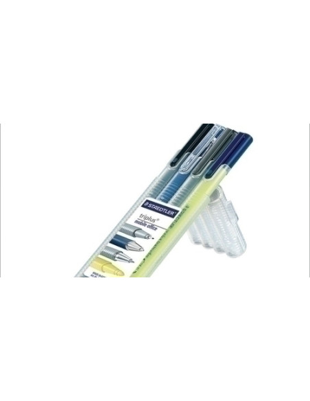 PACK ESCRITURA STAEDTLER TRIPLUS ESTUCHE de 4 contiene 1 ud ROTUL  334 FINELINER NEGRO 1 ud BOLIG 431 M AZUL 1 ud PORTAM 774 1 u