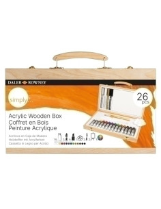 PINTURA ACRILICA DALER ROWNEY SIMPLY CAJA DE MADERA de 26 PIEZAS Incluye 14x tubos  2x pinceles 4 x rotuladores papel de dibujo 