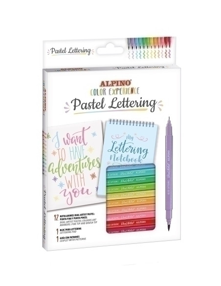 ROTULADOR FIBRA ALPINO COLOR EXPERIENCE DUAL ARTIST PASTEL LETTERING KIT 12x rotuladores dual 1x bloc lettering 1x guia con patr