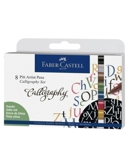 ROTULADOR FIBRA FABER-CASTELL PITT ARTIST PEN CALLIGRAPHY ESTUCHE DE 8 blanco C negro C verde cromado opaco C azul indantherene 