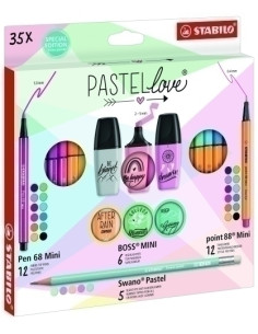 ROTULADOR FIBRA STABILO MINI PEN 68&POINT 88&BOSS&SWANO PASTEL LOVE ESTUCHE de CARTON de 35 12x Pen 68 Mini 12x Point 88 Mini 6x
