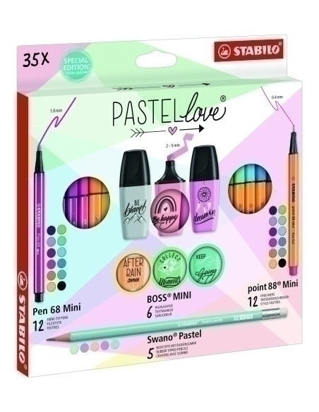 ROTULADOR FIBRA STABILO MINI PEN 68&POINT 88&BOSS&SWANO PASTEL LOVE ESTUCHE de CARTON de 35 12x Pen 68 Mini 12x Point 88 Mini 6x