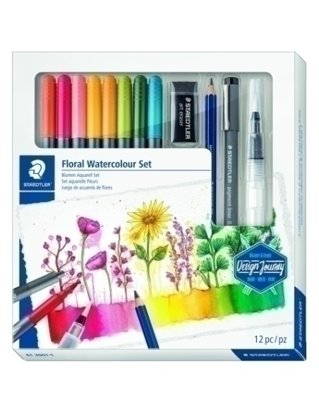 ROTULADOR FIBRA STAEDTLER FLORAL WATERCOLOUR SET DE 12 8x 3001 ROTULADOR ACUARELABLE DOBLE PUNTA 1x 308 01-9 PIGMENT LINER 1x 10