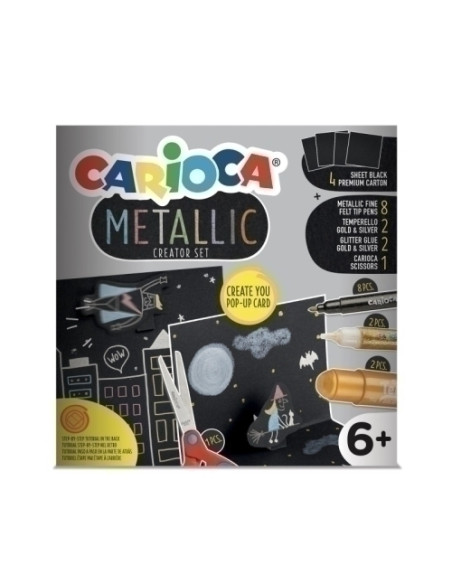 SET CARIOCA METALLIC POP UP CREATOR 17 pcs 4x HOJAS PREMIUM NEGRAS 8x ROTULADORES METALLIC 2x TEMPERELLO ORO&PLATA 2x GLITTER OR