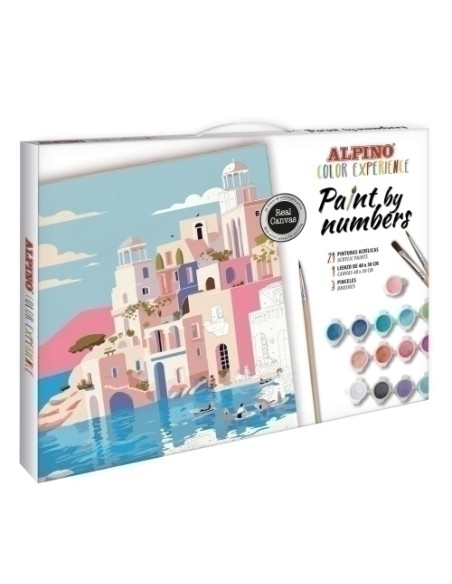 SET PAINT BY NUMBERS COLOR EXPERIENCE  GRECIA  1 Lienzo de 40x 30 numerado 21 pinturas acrílicas de 3ml  3 Pinceles  1 Patrón 