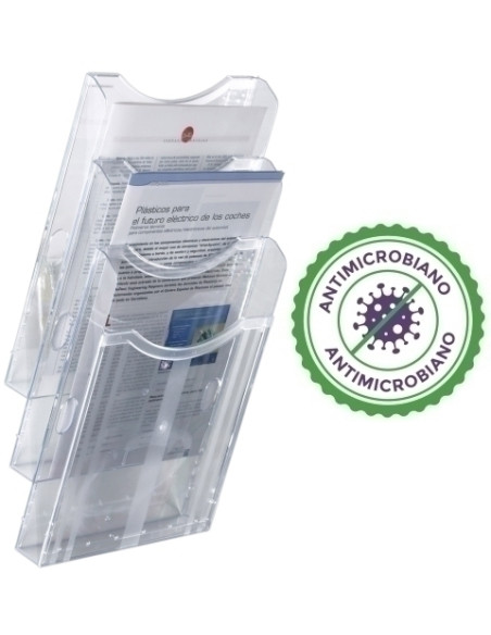 SOPORTE MURAL DE 3 BANDEJAS A4 ARCHIVO 2000 ARCHIPLAY ANTIMICROBIANO SANITIZED CRISTAL TRANSP