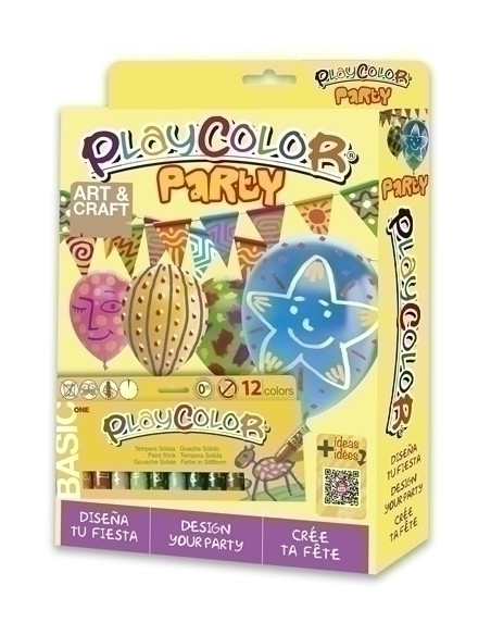 TEMPERA INSTANT SOLIDA PLAYCOLOR BASIC ONE PACK PARTY  tempera12 globos  10 banderitas  cuerda  triptico