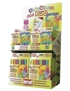 TEMPERA INSTANT SOLIDA PLAYCOLOR FLUO EXPOSITOR de 144 12 ESTUCHES ONE 10Gr de 6 COLORES y 12 ESTUCHES POCKET 5Gr de 6 COLORES