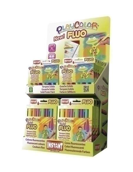 TEMPERA INSTANT SOLIDA PLAYCOLOR FLUO EXPOSITOR de 144 12 ESTUCHES ONE 10Gr de 6 COLORES y 12 ESTUCHES POCKET 5Gr de 6 COLORES