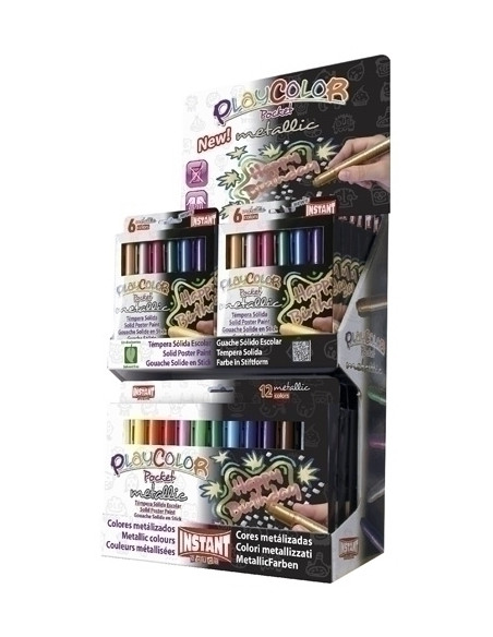 TEMPERA INSTANT SOLIDA PLAYCOLOR METALLIC POCKET 5Gr EXPOSITOR de 144 12 ESTUCHES de 6 COLORES y 6 ESTUCHES de 12 COLORES