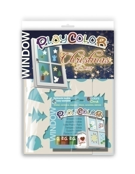 TEMPERA INSTANT SOLIDA PLAYCOLOR ONE WINDOW 10Gr CHRISTMAS DECO ESTUCHE de 6 COLORES  Incluye 2 plantillas
