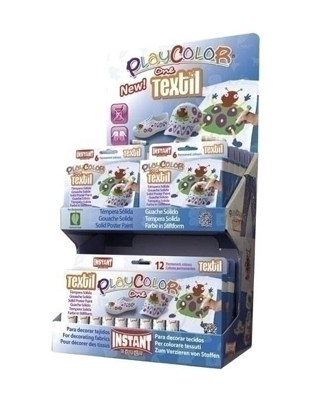 TEMPERA INSTANT SOLIDA PLAYCOLOR TEXTIL ONE 10Gr EXPOSITOR de 144 12 ESTUCHES de 6 COLORES y 6 ESTUCHES de 12 COLORES