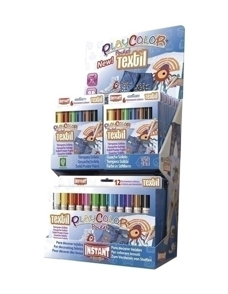 TEMPERA INSTANT SOLIDA PLAYCOLOR TEXTIL POCKET 5Gr EXPOSITOR de 144 12 ESTUCHES de 6 COLORES y 6 ESTUCHES de 12 COLORES