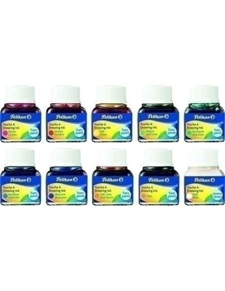 TINTA CHINA PELIKAN FRASCO 10 ml SURTIDO DE 10 COLORES 249474 Carmín Bermellón Amarillo Verde claro Verde oscuro Azul cobalto 