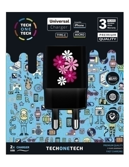 CARGADOR TECH-ONE-TECH DOBLE DE PARED 2xUSB BLACK FOWER POWER ALTO RENDIMIENTO 24A