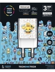 CARGADOR TECH-ONE-TECH DOBLE DE PARED 2xUSB EMOJITECH SMILE ALTO RENDIMIENTO 24A