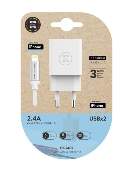 CARGADOR TECH-ONE-TECH DOBLE PARED BLANCO  CABLE USB-LIGHTNING ALTO RENDIMIENTO 24A