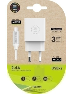 CARGADOR TECH-ONE-TECH DOBLE PARED BLANCO  CABLE USB-USB MICRO ALTO RENDIMIENTO 24A