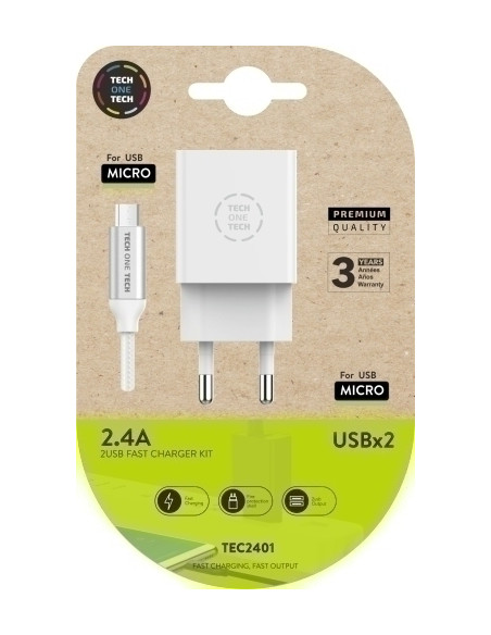 CARGADOR TECH-ONE-TECH DOBLE PARED BLANCO  CABLE USB-USB MICRO ALTO RENDIMIENTO 24A