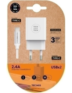 CARGADOR TECH-ONE-TECH DOBLE PARED BLANCO  CABLE USB-USB-C ALTO RENDIMIENTO 24A