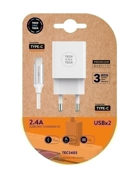 CARGADOR TECH-ONE-TECH DOBLE PARED BLANCO  CABLE USB-USB-C ALTO RENDIMIENTO 24A