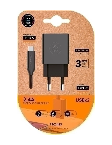 CARGADOR TECH-ONE-TECH DOBLE PARED NEGRO  CABLE USB-USB-C ALTO RENDIMIENTO 24A