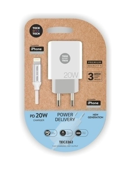 CARGADOR TECH-ONE-TECH PARED BLANCO  CABLE USB-C - LIGHTNING ALTO RENDIMIENTO PD 20W