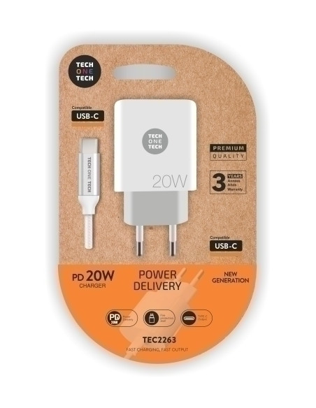 CARGADOR TECH-ONE-TECH PARED BLANCO  CABLE USB-C - USB-C ALTO RENDIMIENTO PD 20W