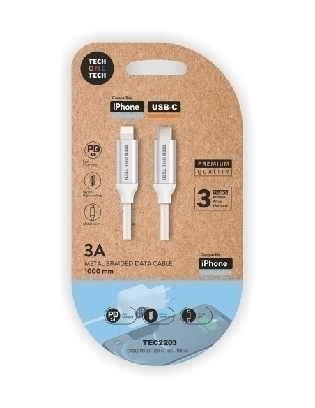 CABLE TECH-ONE-TECH USB-C-LIGHTNING ALTO RENDIMIENTO 3A BLANCO 1 m