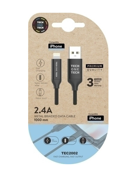 CABLE TECH-ONE-TECH USB-LIGHTNING ALTO RENDIMIENTO 24A NEGRO 1 m
