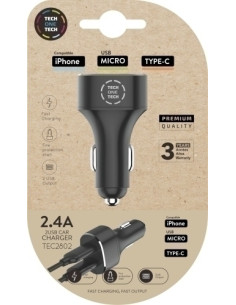 CARGADOR TECH-ONE-TECH DOBLE MECHERO COCHE 2xUSB NEGRO ALTO RENDIMIENTO 24A