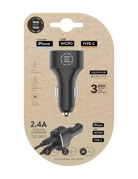CARGADOR TECH-ONE-TECH DOBLE MECHERO COCHE 2xUSB NEGRO ALTO RENDIMIENTO 24A