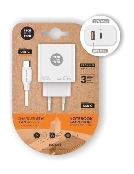 CARGADOR TECH-ONE-TECH DOBLE PARED BLANCO USB  USB-C  CABLE USB-C - USB-C ALTO RENDIMIENTO 65W