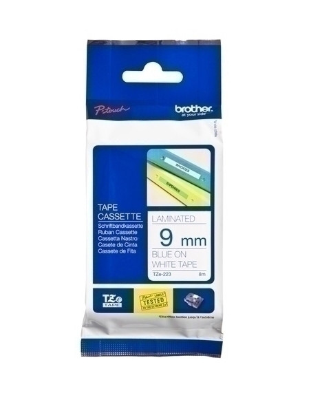 CINTA de ROTULAR BROTHER LAMINADA 8m  9mm AZUL sobre BLANCO