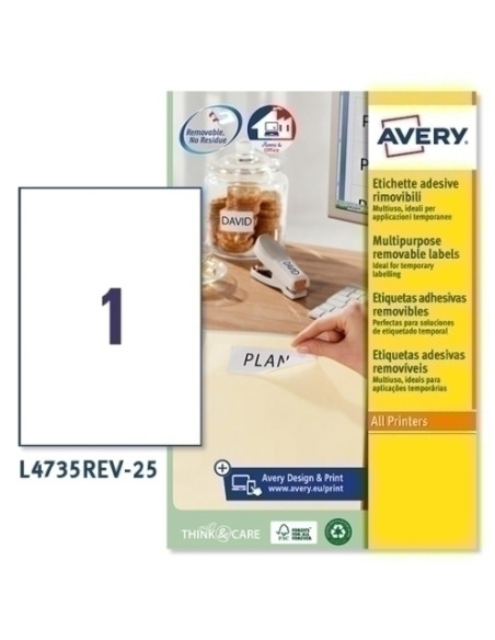 ETIQUETAS ADHIMPRAVERY A4 BLANCA CRECTOS REMOVIBLE CAJA 25h 210x297 mm 25 udsL4735REV