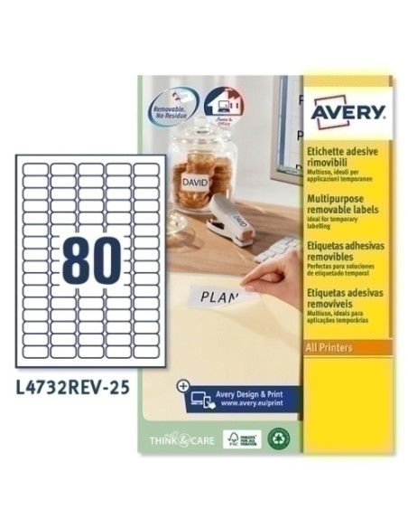 ETIQUETAS ADHIMPRAVERY A4 BLANCA CROMOS REMOVIBLE CAJA 25h 356x169 mm 2000 udsL4732REV