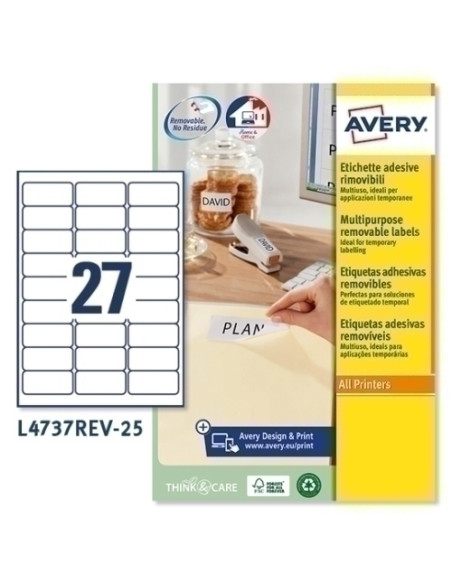 ETIQUETAS ADHIMPRAVERY A4 BLANCA CROMOS REMOVIBLE CAJA 25h 635x296 mm 675 udsL4737REV
