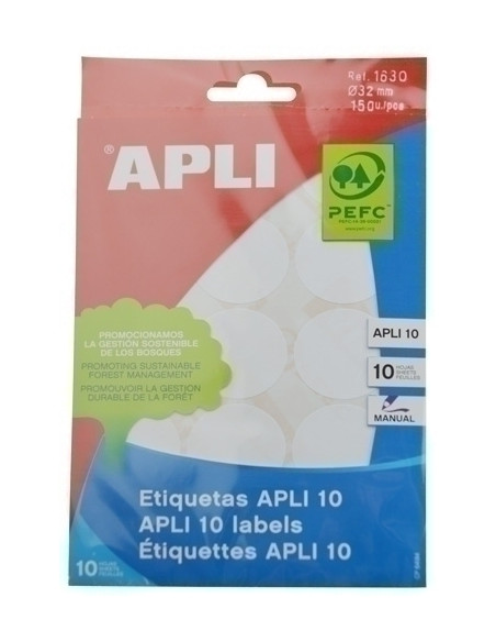 ETIQUETAS ADHMANUALES BOLSA APLI BLANCAS 10h REDONDAS Ø 32 mm 150 uds01630