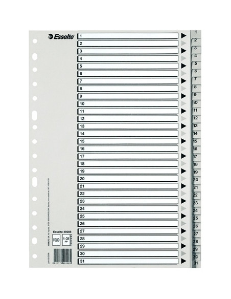 INDICE ESSELTE PP NUMERICO A4 pestañas 1-31 11 taladros GRIS con INDBN