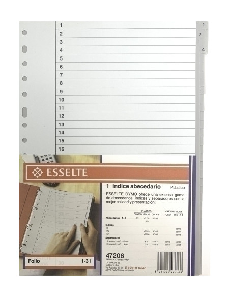 INDICE ESSELTE PP NUMERICO F pestañas 1-31 16 taladros GRIS con INDCOL